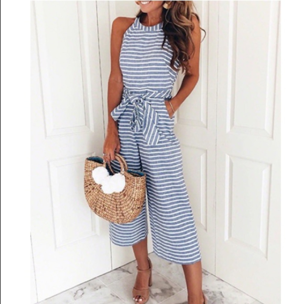 🍍 Women's Cold Shoulder Striped Jumpsuit